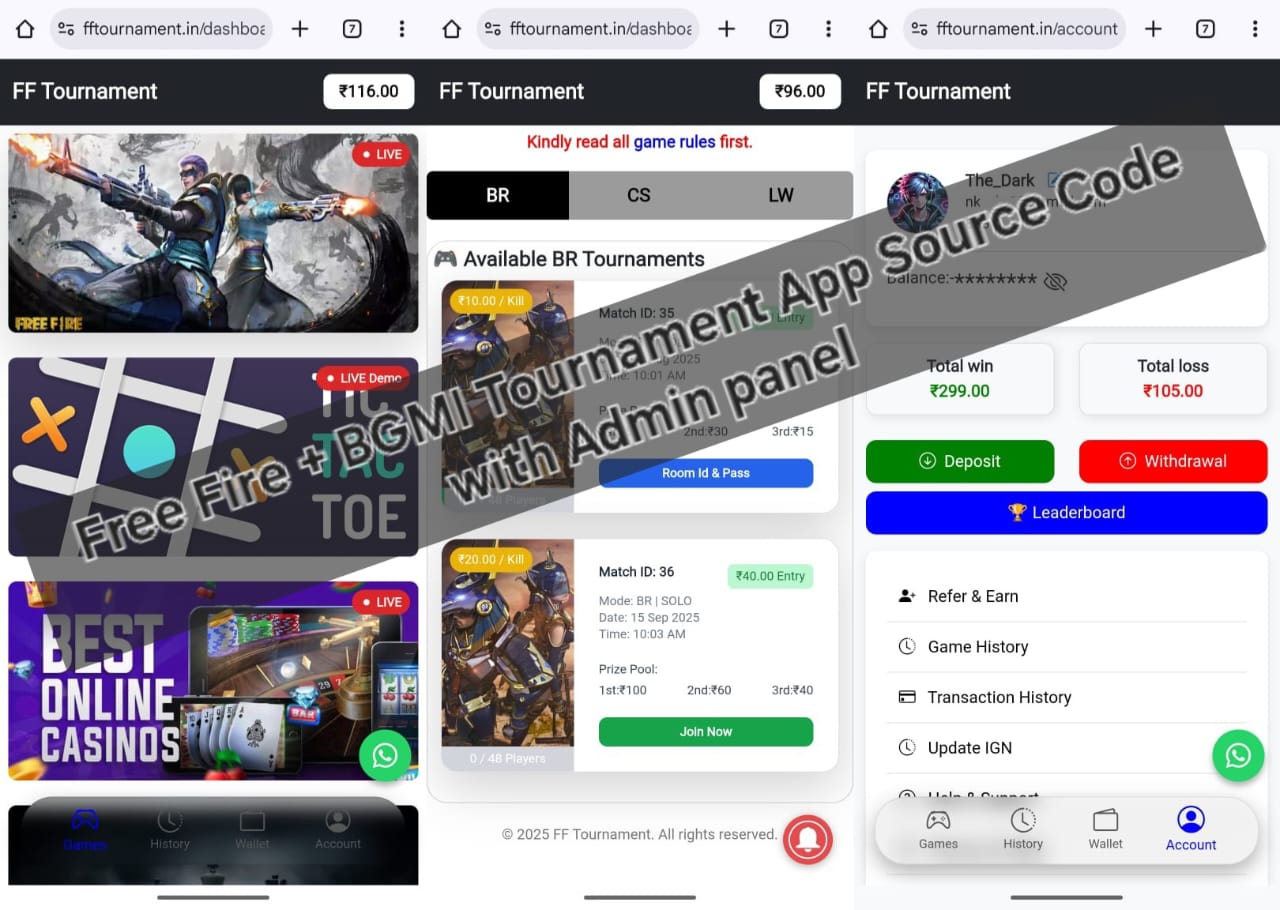 Free Fire Tournament App Source Code